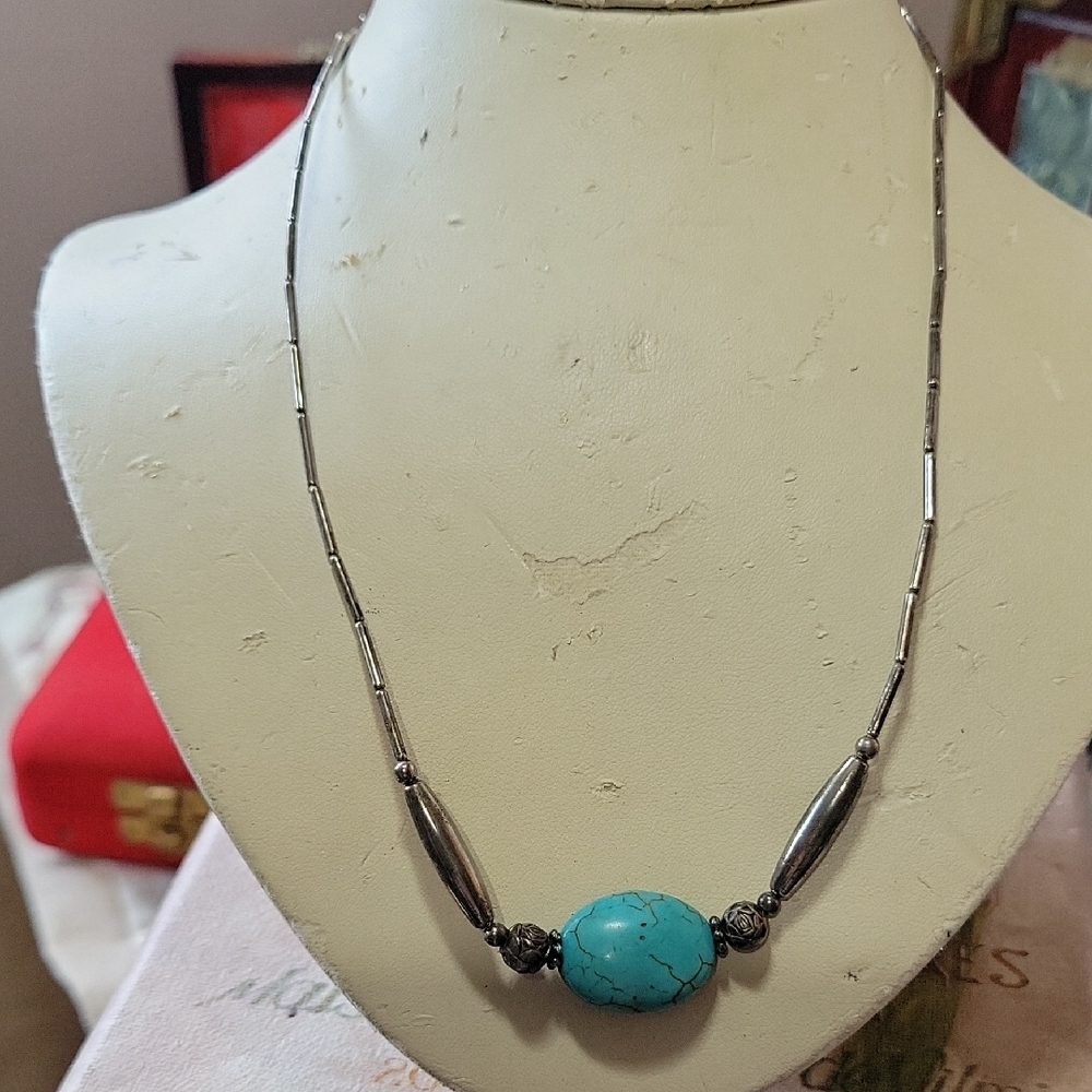 Turquoise and Liquid  Silver Necklace 17 inch